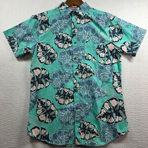 Free Planet Mens Teal Tropical Monstera Leaf Print Cotton Button Down FN9W29 S
